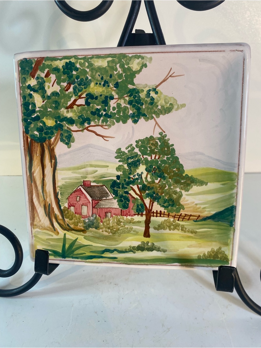 Vintage Italian Hand Painted Country Side Wall Plate Signed 6.25” Square